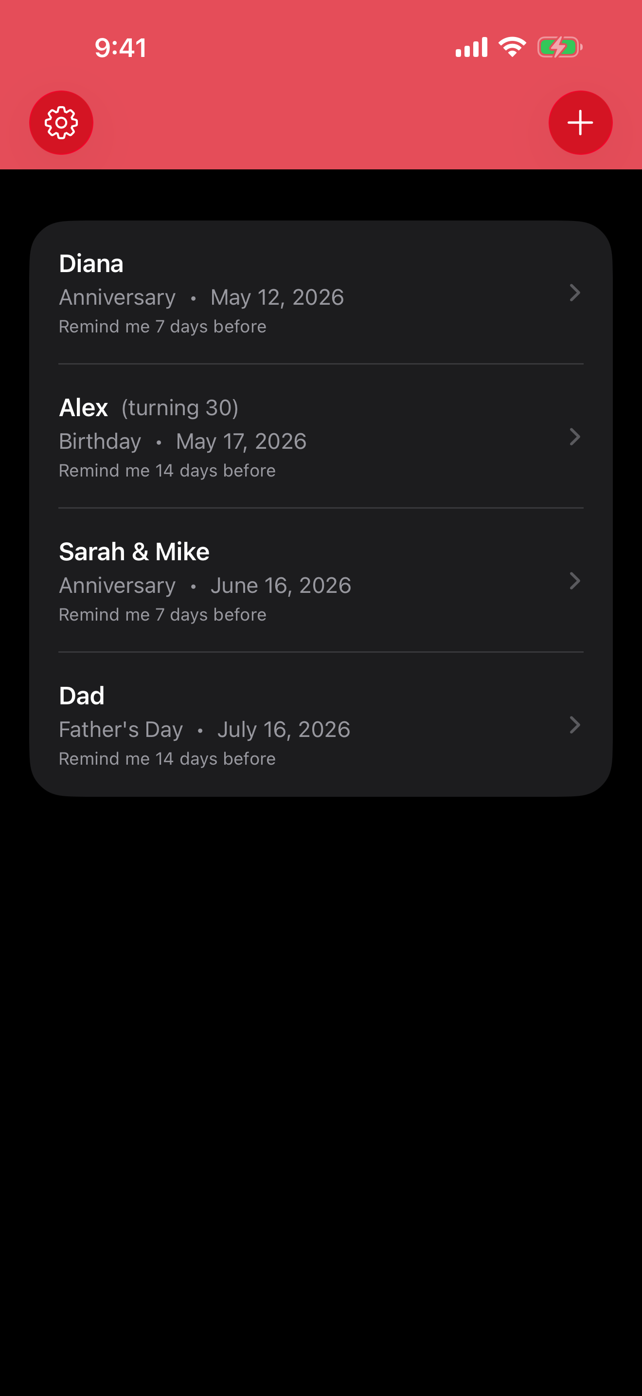 CardCue dark mode — reminders list